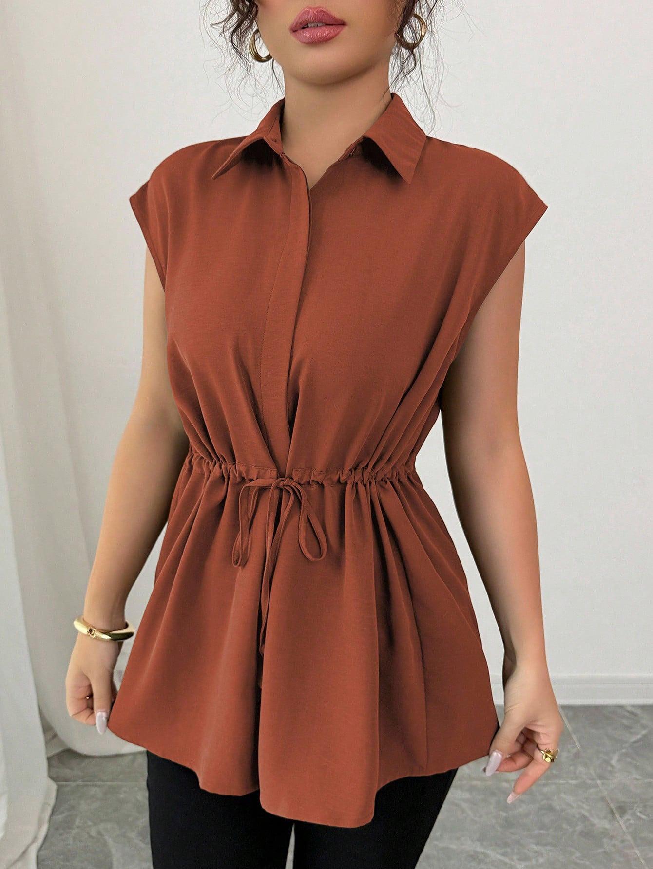 Women Sleeveless Collared Shirt with Waist Drawstring Casual Solid Color Blouse XXL коричневий
Women Sleeveless Collared Shirt with Waist Drawstring Casual Solid Color Blouse XXL коричневий