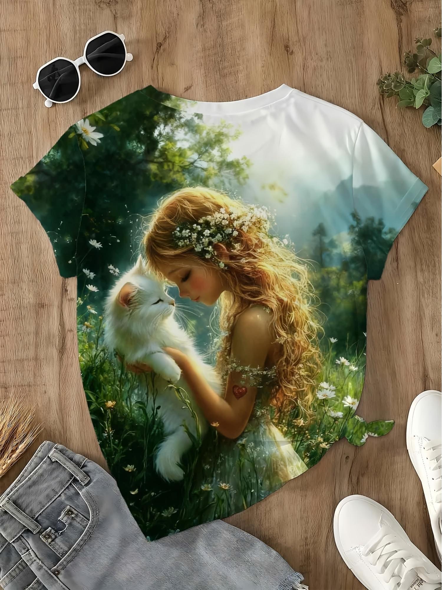 Mori Style Tale ;Floral Adorned And White Cat; Short Sleeve T-Shirt Women S Pastoral Style Printed Top. Blonde with Flower Crown Lightly Embracing Whi 2XL дубильна кора
Mori Style Tale ;Floral Adorned And White Cat; Short Sleeve T-Shirt Women S Pastoral Style Printed Top. Blonde with Flower Crown Lightly Embracing Whi 2XL дубильна кора