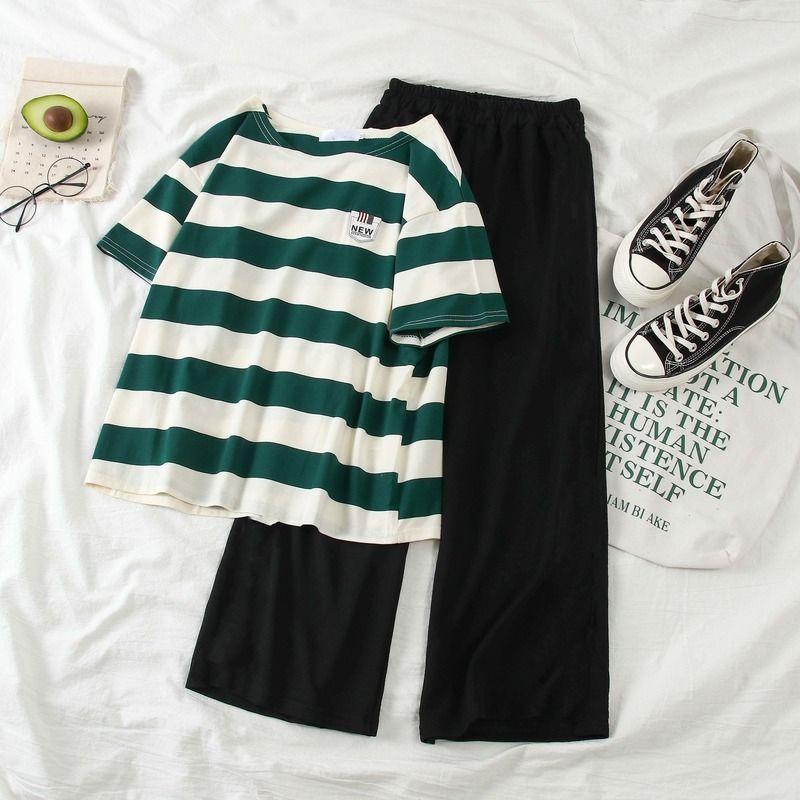 Striped T-Shirt + Wide Leg Pants Set Short Sleeve Stripes T-shirt + Loose Pants Suit Green S
Striped T-Shirt + Wide Leg Pants Set Short Sleeve Stripes T-shirt + Loose Pants Suit Green S