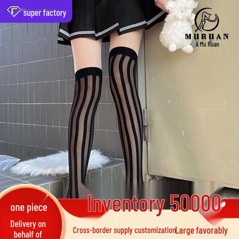 Mu Ruan Black Silk Jacquard Vertical Stripe Thigh-High Socks, Japanese Street Style.
Mu Ruan Black Silk Jacquard Vertical Stripe Thigh-High Socks, Japanese Street Style.