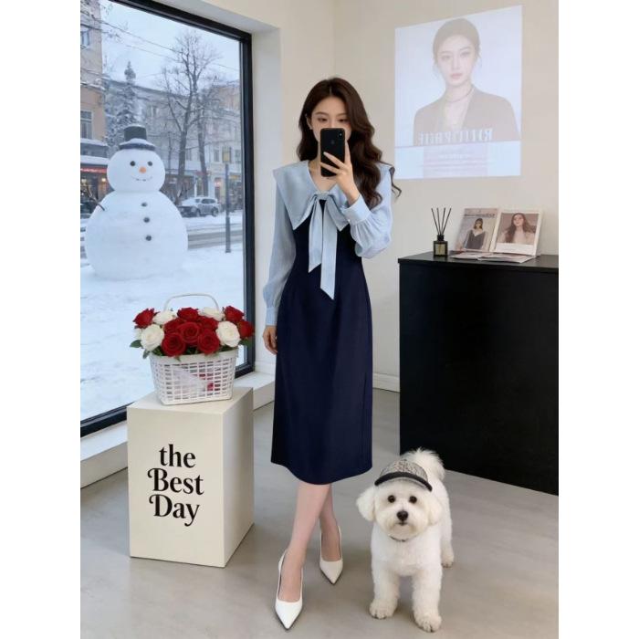 French fake two-piece doll collar dress for women s early spring new high-end foreign style loose and thin skirt S темно-синий
French fake two-piece doll collar dress for women s early spring new high-end foreign style loose and thin skirt S темно-синий
