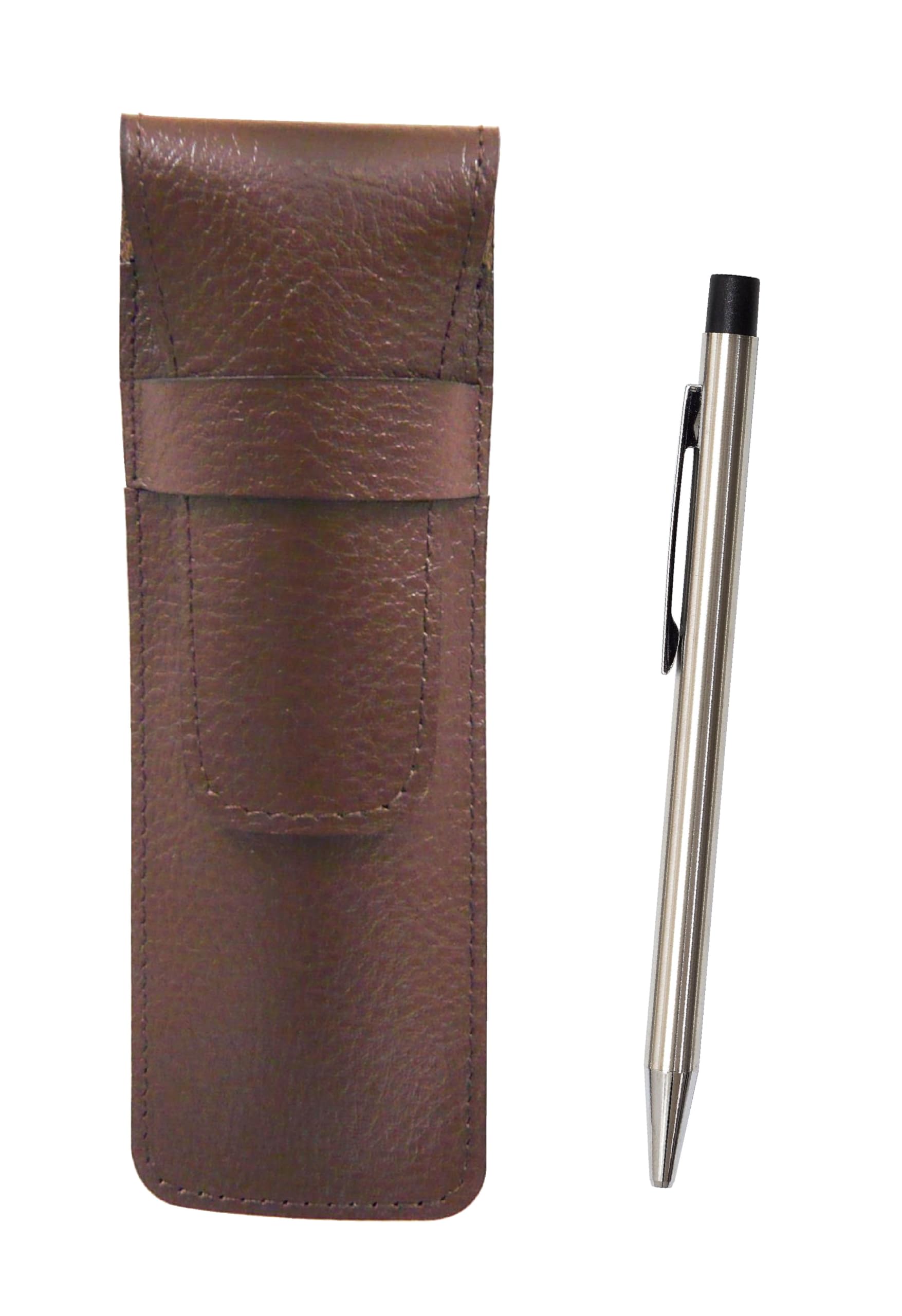 Grained chocolate color cowhide pencil case Economy stainless steel shaft knock type ballpoint pen set SASTYO-E402
Grained chocolate color cowhide pencil case Economy stainless steel shaft knock type ballpoint pen set SASTYO-E402