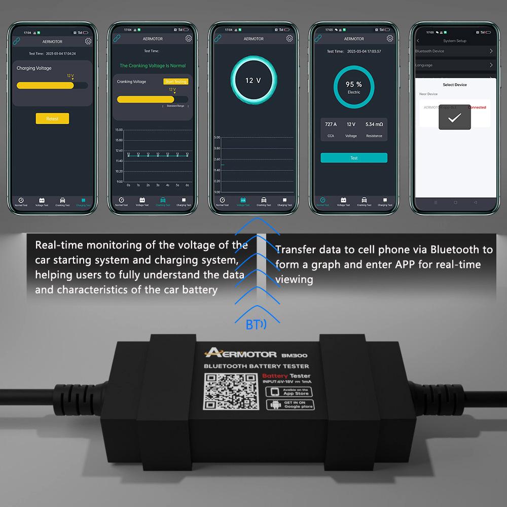 AERMOTOR BM300 Car Battery Tester Wireless Bluetooth-compatible 12V Car Battery Testing Charging Cranking Analyzer for Android iOS Type A
AERMOTOR BM300 Car Battery Tester Wireless Bluetooth-compatible 12V Car Battery Testing Charging Cranking Analyzer for Android iOS Type A