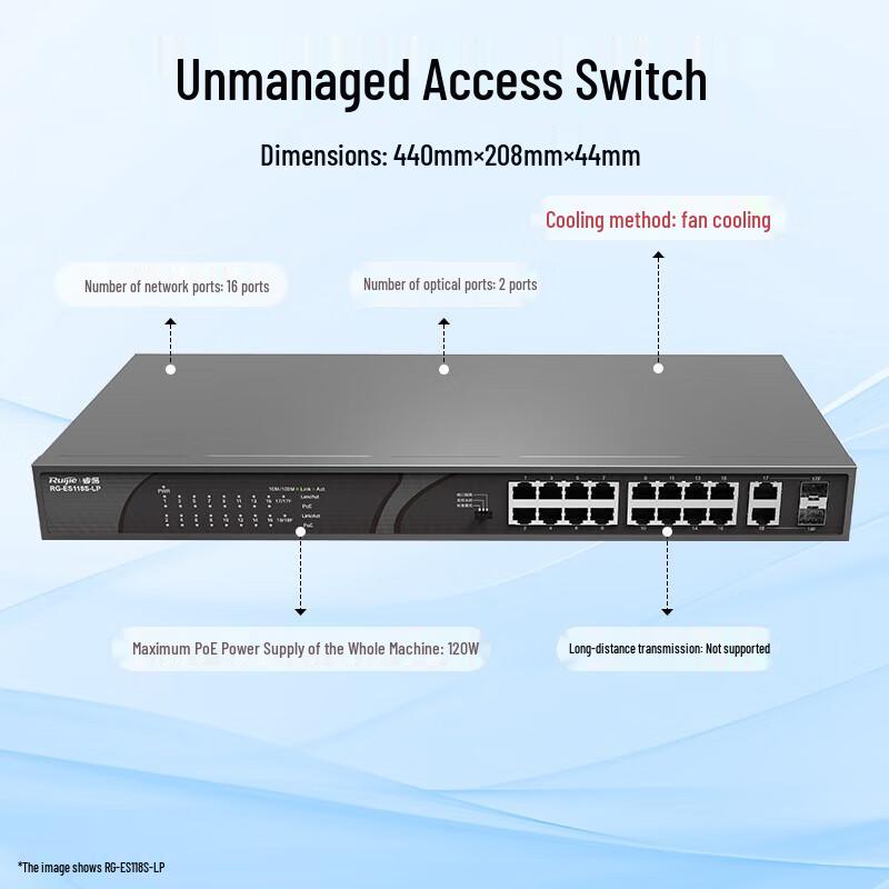 Ruijie RG-ES118S-LP 16-Port 100M PoE+ Unmanaged Switch with 2 Gigabit Uplink Ports
Ruijie RG-ES118S-LP 16-Port 100M PoE+ Unmanaged Switch with 2 Gigabit Uplink Ports