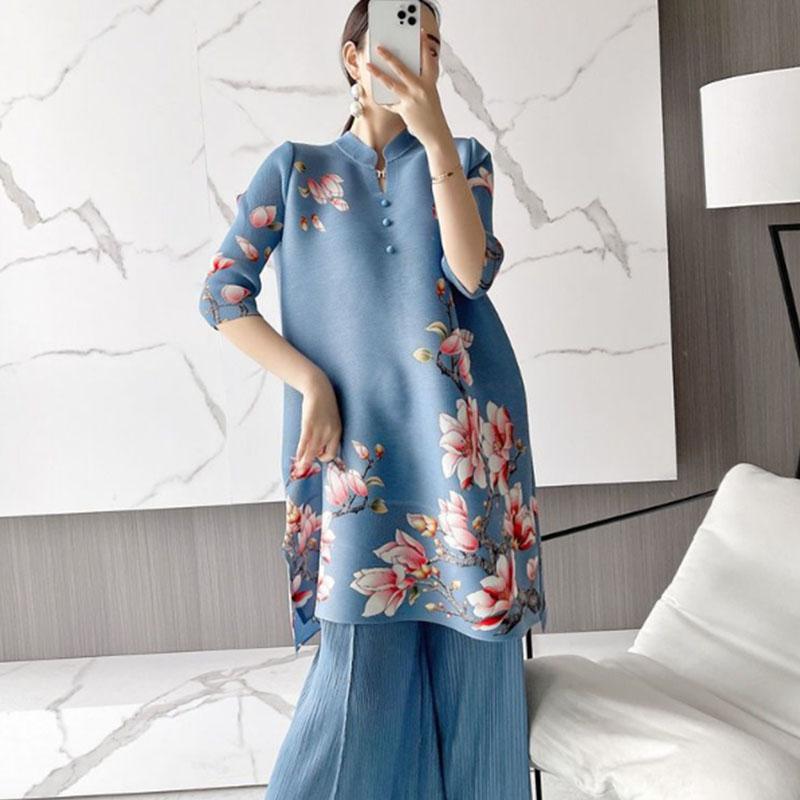 Плиссированное женское свободное и утягивающее платье в стиле ретро на весну и лето, повседневное платье с воротником-стойкой, женские топы XXL синий