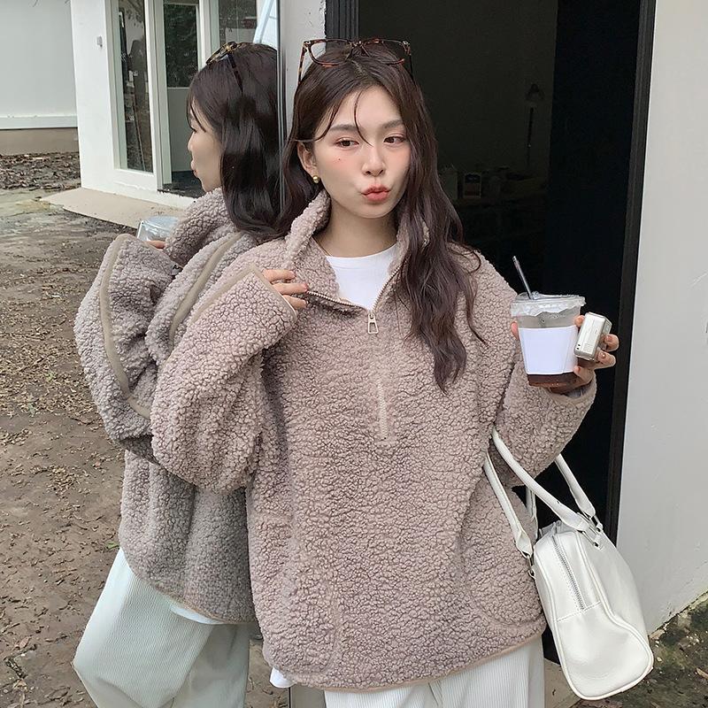 DIMANAF 2024 Осень Зима Женские Пуловеры Большого Размера Однотонные Винтажная Толстая Верхняя Одежда Повседневные Свободные Топы с Длинным Рукавом L коричневый