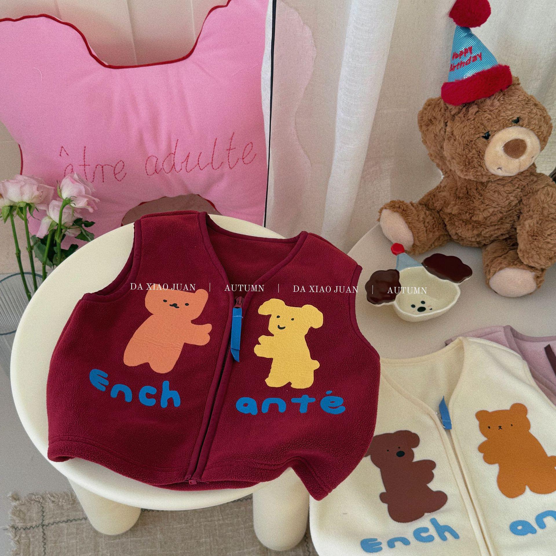 Детский мультяшный флисовый жилет на молнии: Крупные/Мелкие Локоны, Плюшевая Вышивка, Осень/Зима Милая Верхняя Одежда 90