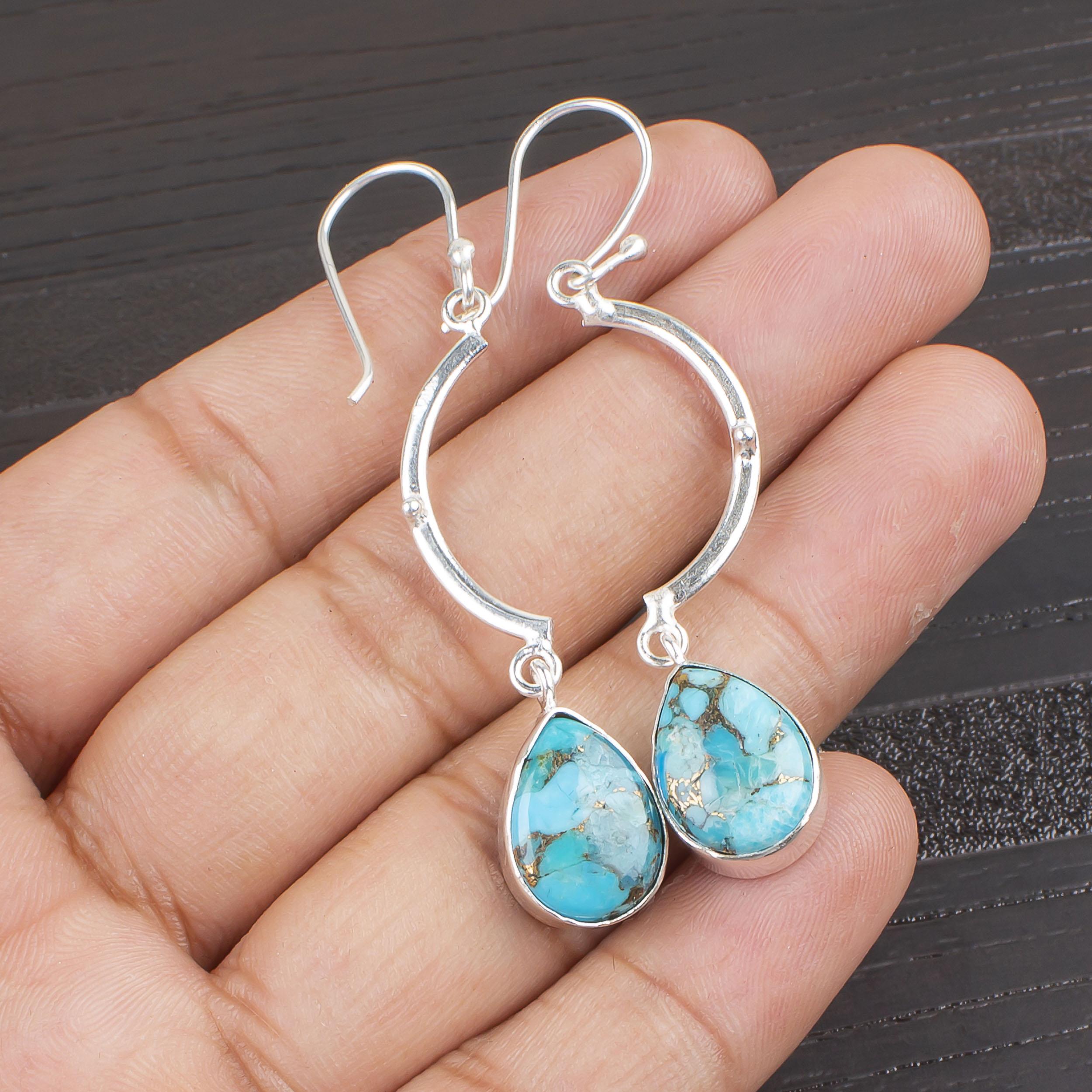 Blue Copper Turquoise Gemstone Silver Jewelry, Handmade Gorgeous Earrings, 925 Sterling Silver Earrings For Wedding Gift 2.60 inches синій
Blue Copper Turquoise Gemstone Silver Jewelry, Handmade Gorgeous Earrings, 925 Sterling Silver Earrings For Wedding Gift 2.60 inches синій