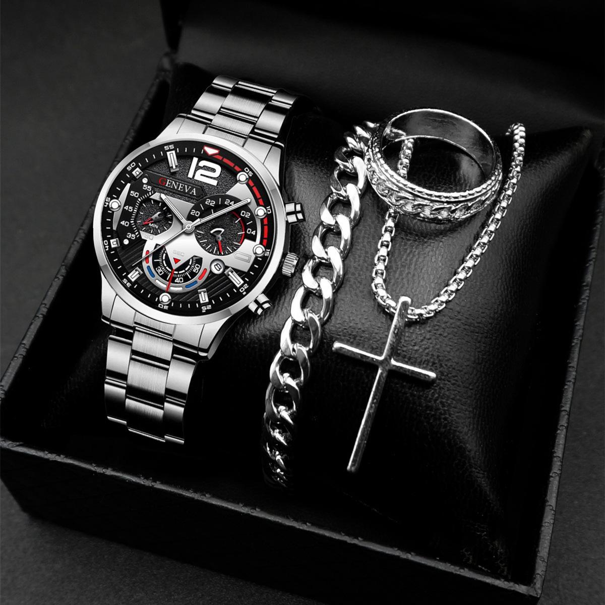 4pcs Set Fashion Mens Watches Luxury Steel Quartz Wristwatch Men Business Sports Wrist Watch Bracelet Necklace Ring Set No Box
4pcs Set Fashion Mens Watches Luxury Steel Quartz Wristwatch Men Business Sports Wrist Watch Bracelet Necklace Ring Set No Box