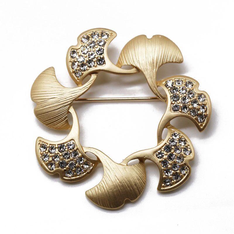 Круглая брошь в виде листа гинкго, высококачественная, античное золото, ретро и простая, со стразами, элегантная и универсальная брошь