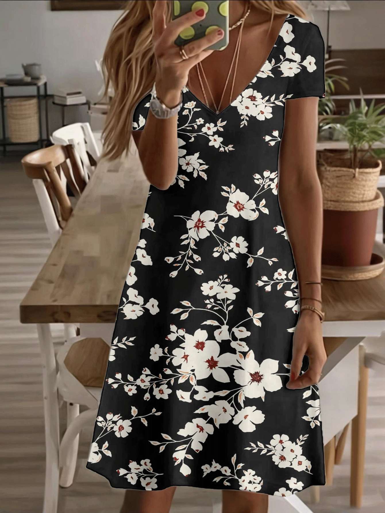Vneck shortsleeve midi dress black floral print 3D premium printing durable casual fashion elegant summer style lightweight soft fabric perfect for da XS дубильна кора
Vneck shortsleeve midi dress black floral print 3D premium printing durable casual fashion elegant summer style lightweight soft fabric perfect for da XS дубильна кора
