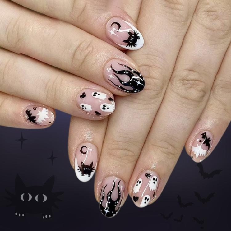 Halloween Press on Nail,Almond French Tips Fake Nail Acrylic Nail with Flower Bat Designs Stick on Nail for Womens 1
Halloween Press on Nail,Almond French Tips Fake Nail Acrylic Nail with Flower Bat Designs Stick on Nail for Womens 1
