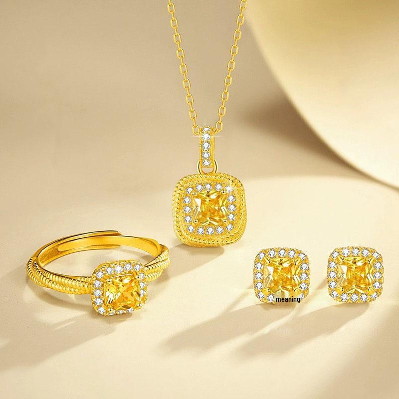 Gold Plated Diamond Square Pendant & Stud Earrings Set for Women Adjustable Square Sugar Ring
Gold Plated Diamond Square Pendant & Stud Earrings Set for Women Adjustable Square Sugar Ring