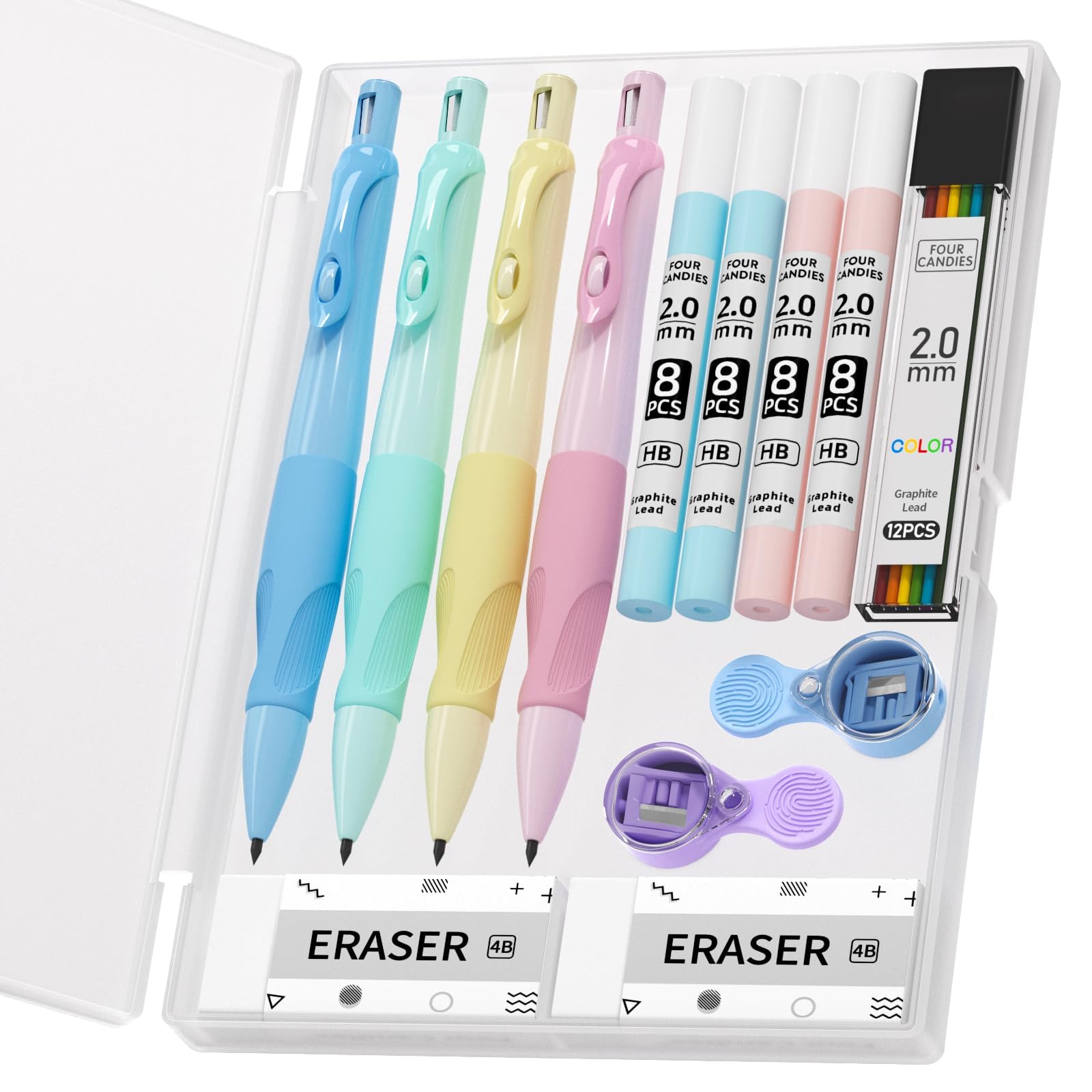 Четыре конфеты Милый механический карандаш 4 Механический эргономичный механический HB Эстетичные школьные принадлежности для детей Набор карандашей 2,0 мм, Карандаши, Грифель,
