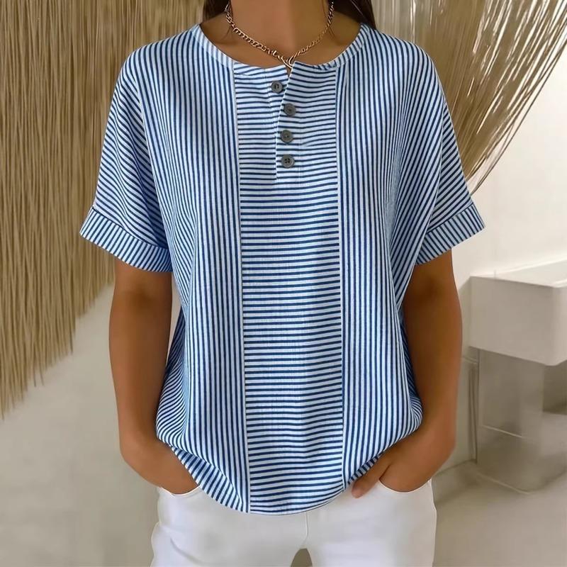 Women s Red Striped Henley Neck Short Sleeve Blouse S синий
Women s Red Striped Henley Neck Short Sleeve Blouse S синий