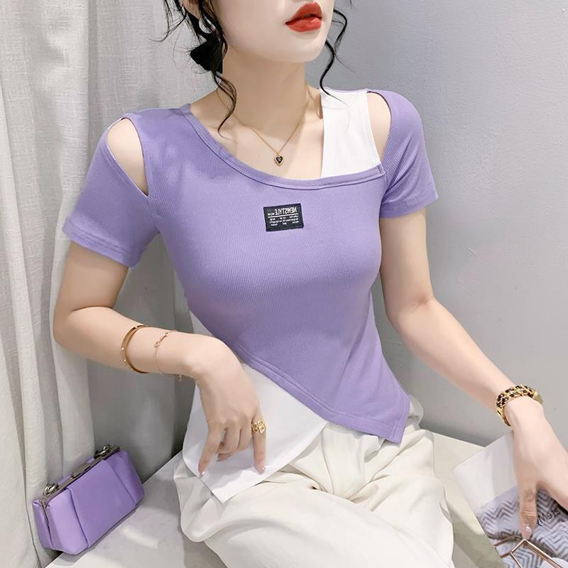 2023 Европейский стиль Облегающая футболка с открытыми плечами, вырезами и асимметричным подолом в стиле колорблок XL фиолетовый