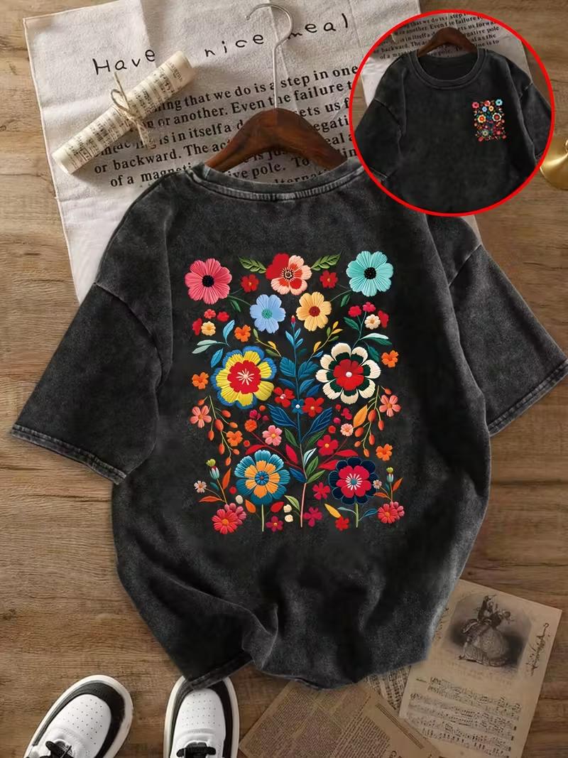 Flower Print Retro Washed T Shirt Loose Round Neck Fashion Womens Wash Short Sleeve Burningout Printing Womens Tshirt S
Flower Print Retro Washed T Shirt Loose Round Neck Fashion Womens Wash Short Sleeve Burningout Printing Womens Tshirt S