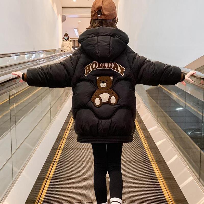 Пуховик для девочек с милым медведем, осенне-зимняя теплая модная парка, пальто с капюшоном на молнии, верхняя одежда для девочек, детская одежда 120cm чёрный