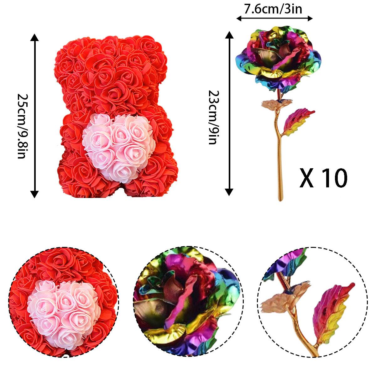 25 см плюшевый мишка из роз ручной работы с прозрачной подарочной коробкой, мишка из роз с 10 цветными розами из золотой фольги, лучшие подарки с искусственным украшением красный