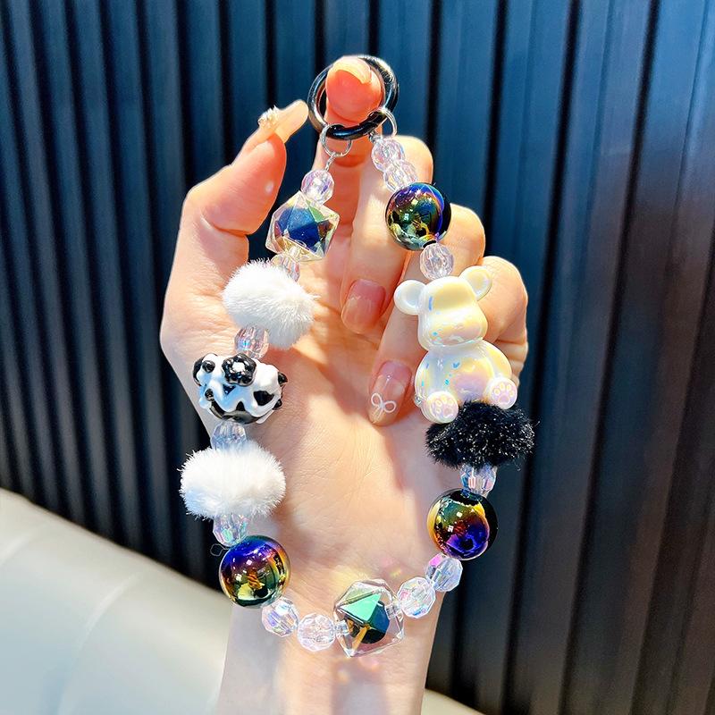 Новая цепочка для телефона из бисера с помпоном в виде медведя, брелок, изысканный подвес для сумки, брелок для автомобиля, маленький подарок чёрный