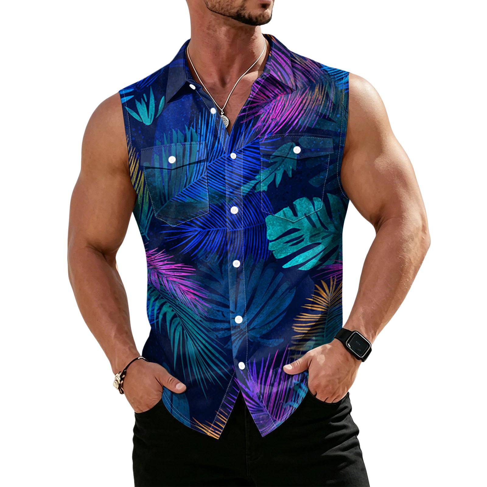 Mens Sleeveless Button Down Shirt with Tropical Tree and Surfer Print Casual Lapel Collar Beachwear Top L
Mens Sleeveless Button Down Shirt with Tropical Tree and Surfer Print Casual Lapel Collar Beachwear Top L