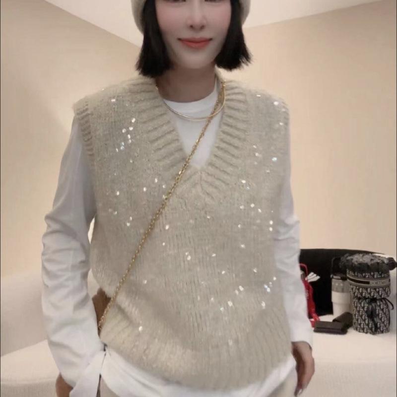 Новый женский трикотажный жилет-свитер с V-образным вырезом и пайетками - свободный, без рукавов, стиль весна/осень S (recommended 80-95 jin) белый/кремовый
Новый женский трикотажный жилет-свитер с V-образным вырезом и пайетками - свободный, без рукавов, стиль весна/осень S (recommended 80-95 jin) белый/кремовый
