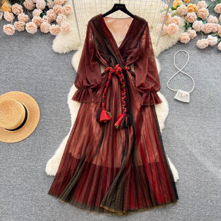 Fashion Bohe Women Mesh Party Long Dress V Neck Long Sleeves Gradient Lace Up A Line Sundress Pleated Maxi Dress One Size червоний
Fashion Bohe Women Mesh Party Long Dress V Neck Long Sleeves Gradient Lace Up A Line Sundress Pleated Maxi Dress One Size червоний