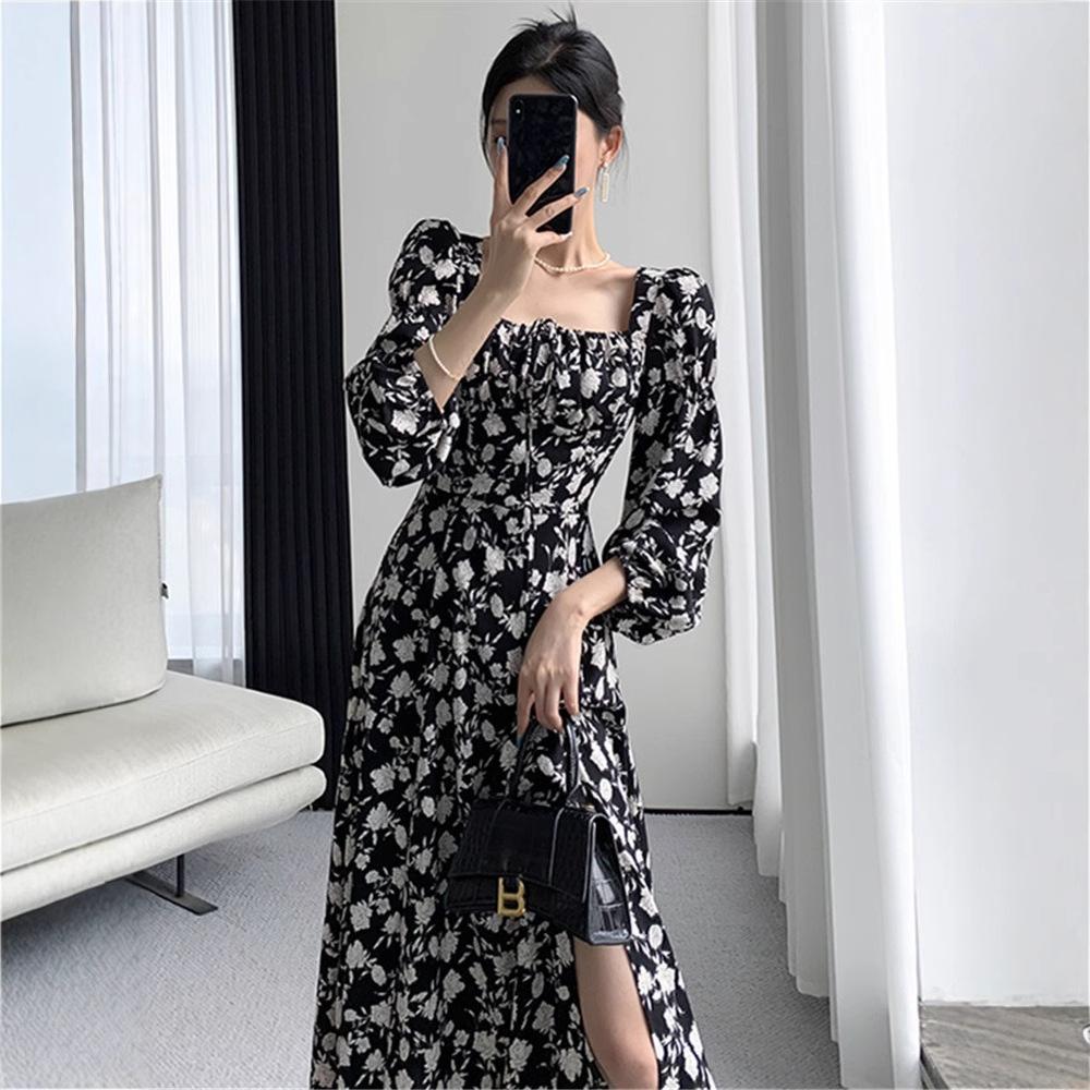 Новая Сексуальная Шифоновая Темпераментная Длинная Юбка на Весну и Осень Французское Ретро Квадратный Вырез Пышный Рукав Платье с Цветочным Принтом 2XL