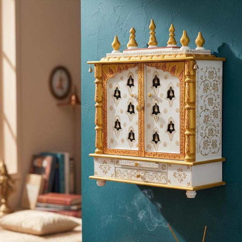 wooden temple Wall Decor Art Desk, Indian Painted Pooja Mandir with Bell-Religion Decor Temple, Wall Hanging Mandap Pooja Room Temple Art
wooden temple Wall Decor Art Desk, Indian Painted Pooja Mandir with Bell-Religion Decor Temple, Wall Hanging Mandap Pooja Room Temple Art