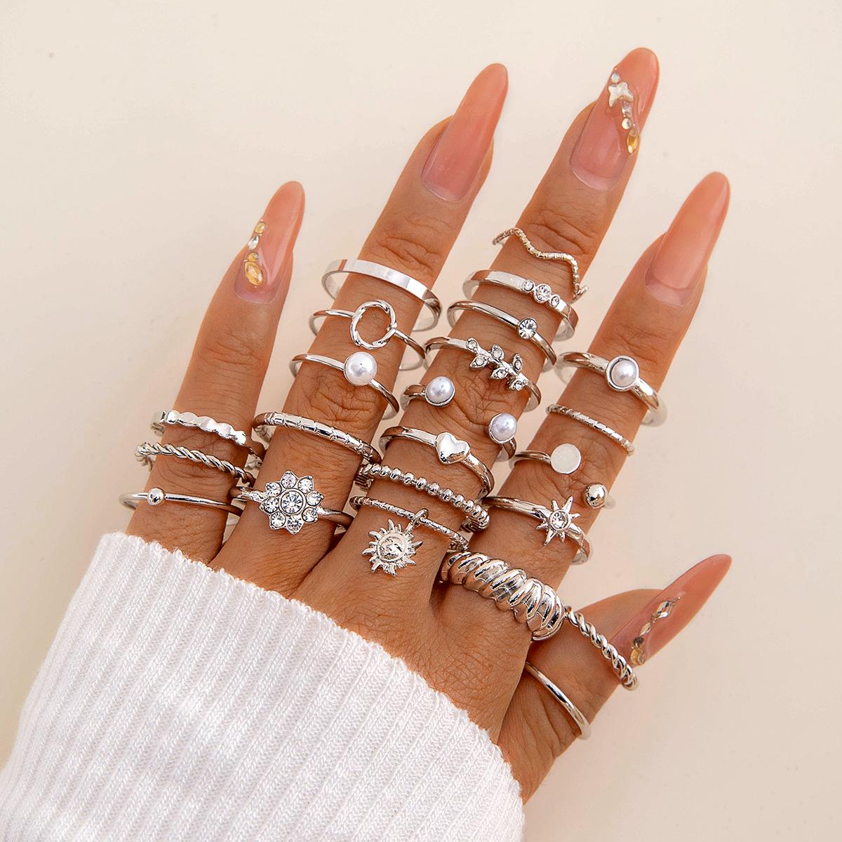 Модные украшения Винтажное резное солнце перо крест кольцо с черным драгоценным камнем набор из нескольких предметов