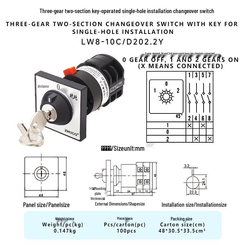 Zhuochao LW8-10C/D202.2Y Three-Speed Two-Position Single-Hole Keyed Rotary Selector Switch
Zhuochao LW8-10C/D202.2Y Three-Speed Two-Position Single-Hole Keyed Rotary Selector Switch