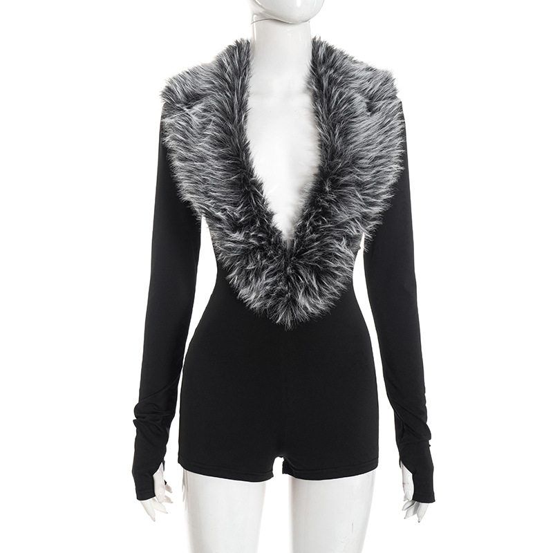 European and American Women s Fashion Autumn and Winter New Style Elegant Fur Collar Deep V-Neck Long-Sleeve Slim-Fit Solid Color Short Jumpsuit Black (Ready to Ship) M
European and American Women s Fashion Autumn and Winter New Style Elegant Fur Collar Deep V-Neck Long-Sleeve Slim-Fit Solid Color Short Jumpsuit Black (Ready to Ship) M