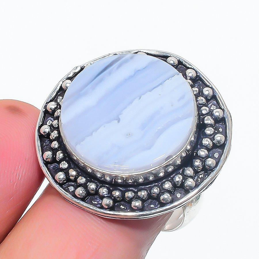 Кольцо из натурального голубого кружевного агата, драгоценный камень, стерлинговое серебро 925 пробы, размер 8, S5r98