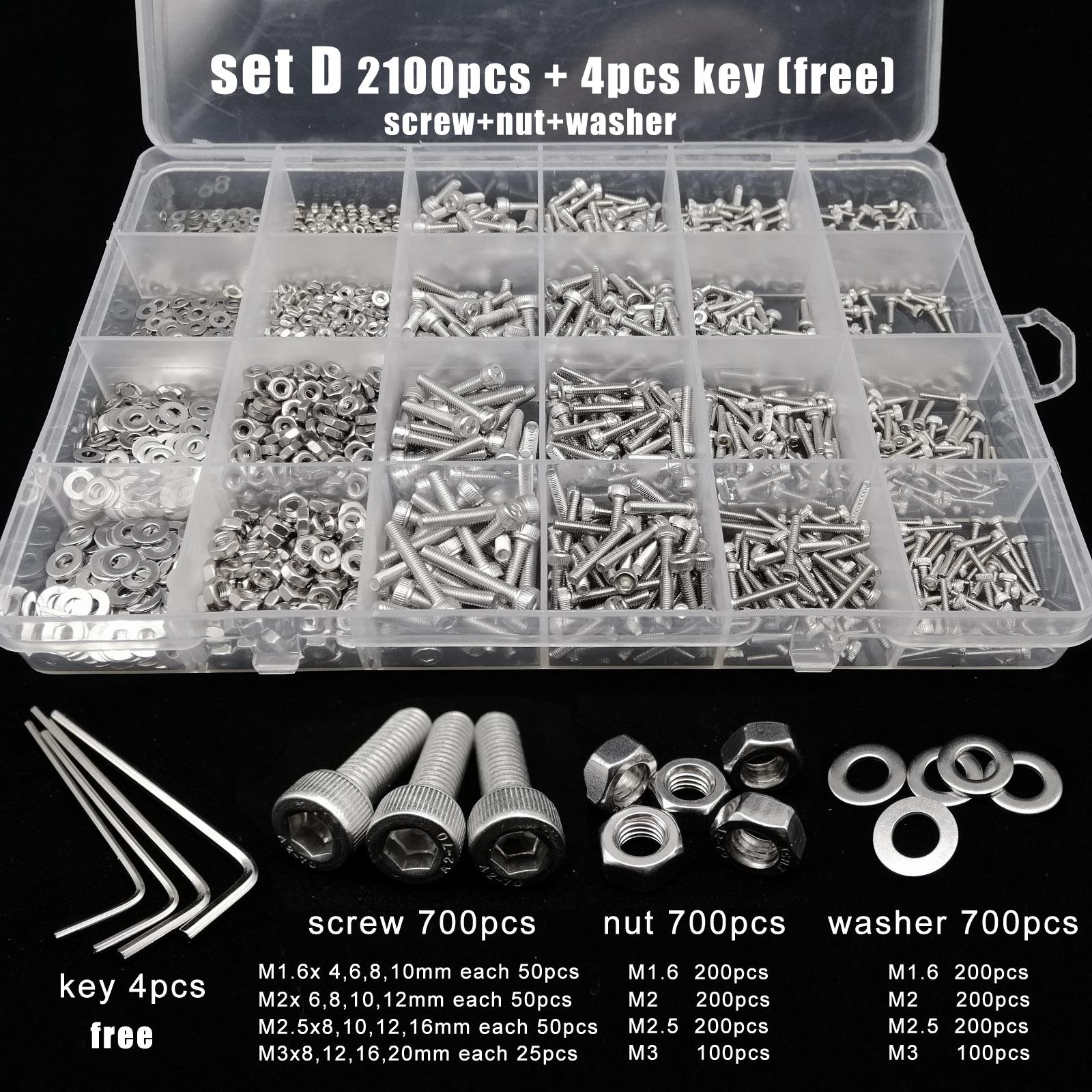 Total 400/650/1140/2100X M1.6 M2 M2.5 M3 M4 M5 304 Stainless Steel Hexagon Hex Socket Cap Head Screw Bolt Nut Set Assortment Kit
Total 400/650/1140/2100X M1.6 M2 M2.5 M3 M4 M5 304 Stainless Steel Hexagon Hex Socket Cap Head Screw Bolt Nut Set Assortment Kit