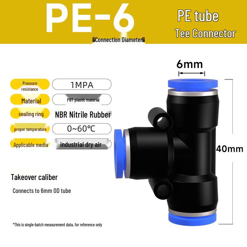 Zhuo Ji Pneumatic Quick Connector Tee: 4/6/8/10/12mm Air Hose PE Straight T-Type Fitting
Zhuo Ji Pneumatic Quick Connector Tee: 4/6/8/10/12mm Air Hose PE Straight T-Type Fitting