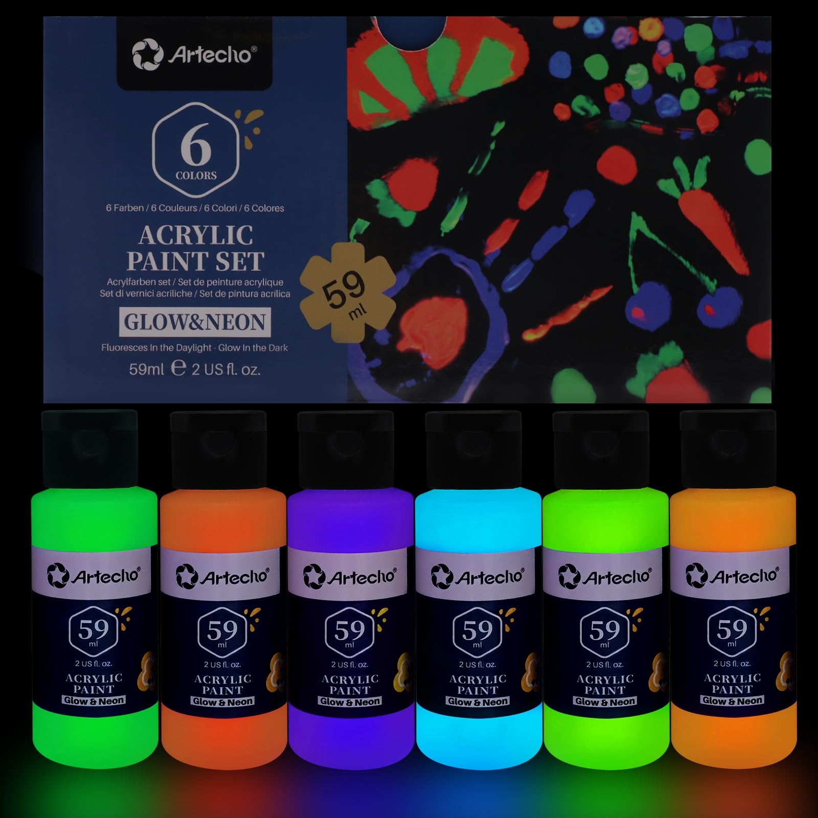 Artecho Glow in the Dark Paint 6 Colors Acrylic Paint Decorative Art Painting Outdoor Indoor Art Craft Art Supplies Canvas Rock Wood (59ml / 2oz)
Artecho Glow in the Dark Paint 6 Colors Acrylic Paint Decorative Art Painting Outdoor Indoor Art Craft Art Supplies Canvas Rock Wood (59ml / 2oz)