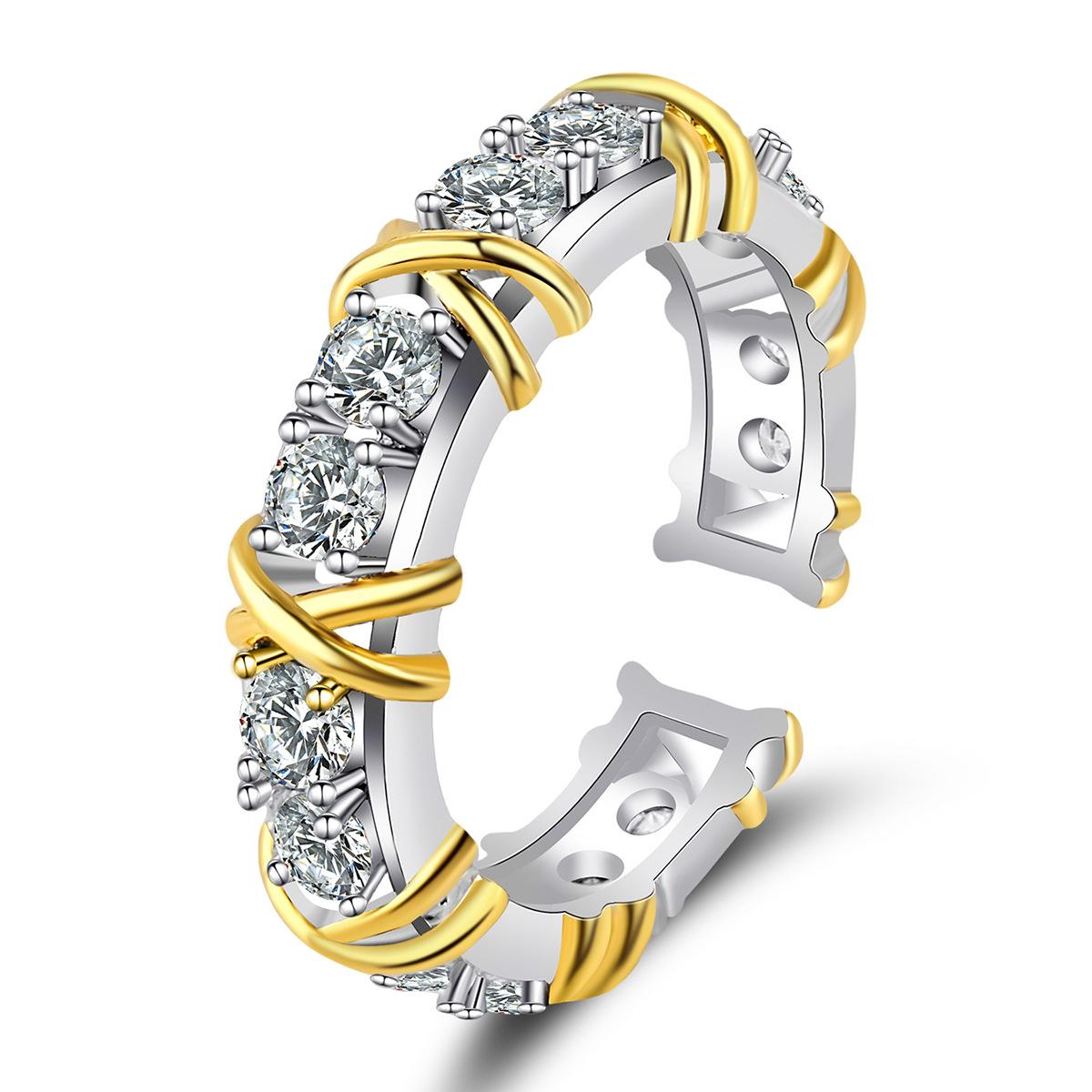 European and American high-quality cold light luxury style open ring zircon inlaid cross X character full diamond two-tone ring
European and American high-quality cold light luxury style open ring zircon inlaid cross X character full diamond two-tone ring