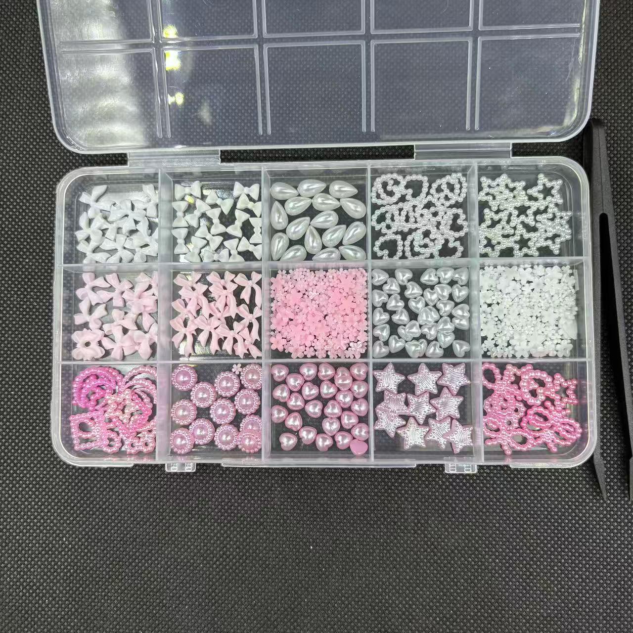 15-Compartment Resin Nail Art Decorations: Pink & White Bow Accessories
15-Compartment Resin Nail Art Decorations: Pink & White Bow Accessories