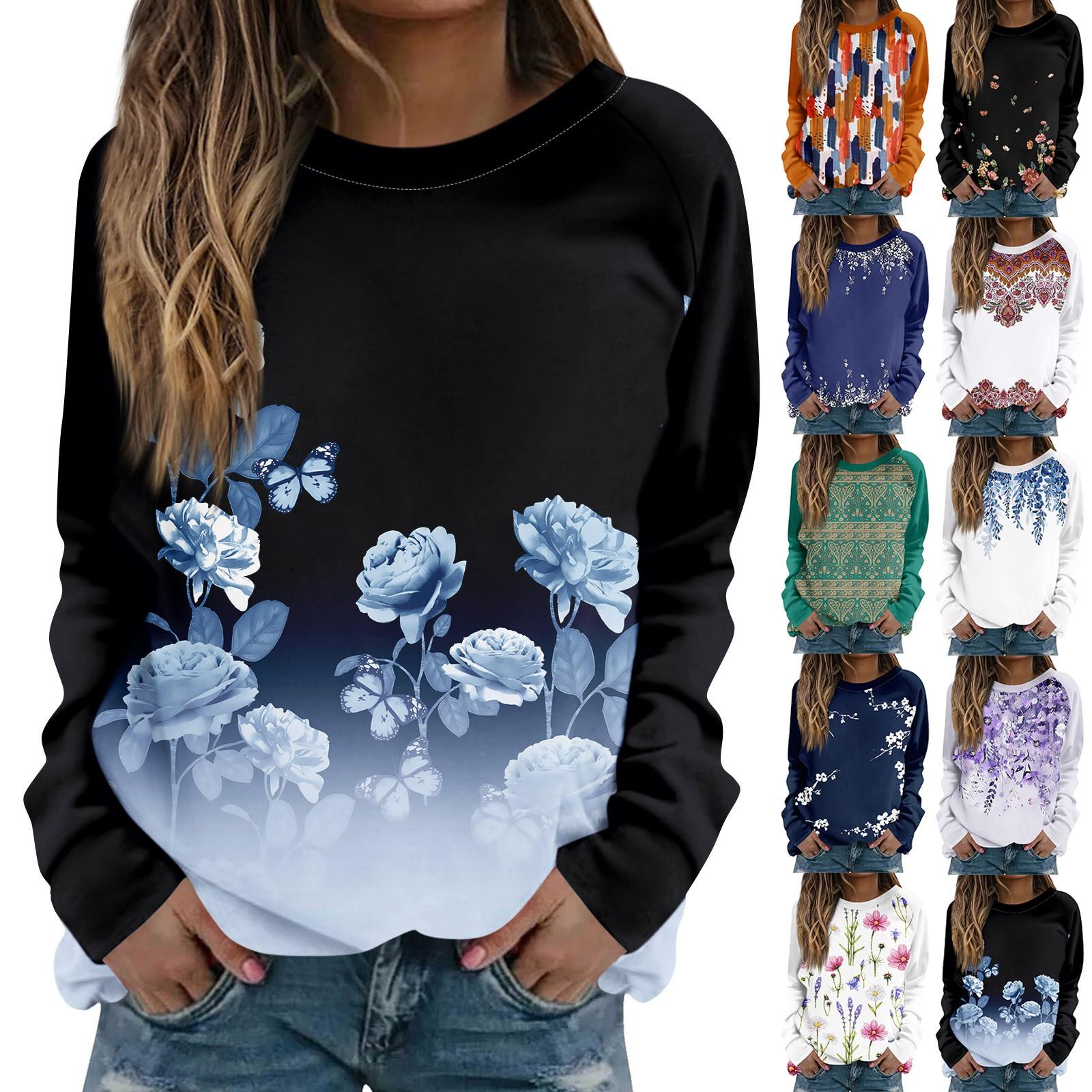 Женская повседневная модная блузка с длинным рукавом и круглым вырезом с цветочным принтом и пуловером 
Женская повседневная модная блузка с длинным рукавом и круглым вырезом с цветочным принтом и пуловером