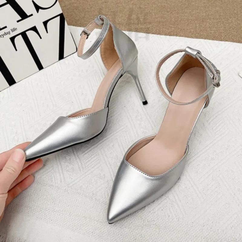 Модные босоножки-стилетто Весна Новые Остроносые С мелким вырезом Металлическая пряжка А-образный ремешок Противоскользящая износостойкая Высокий каблук 40 серебряный