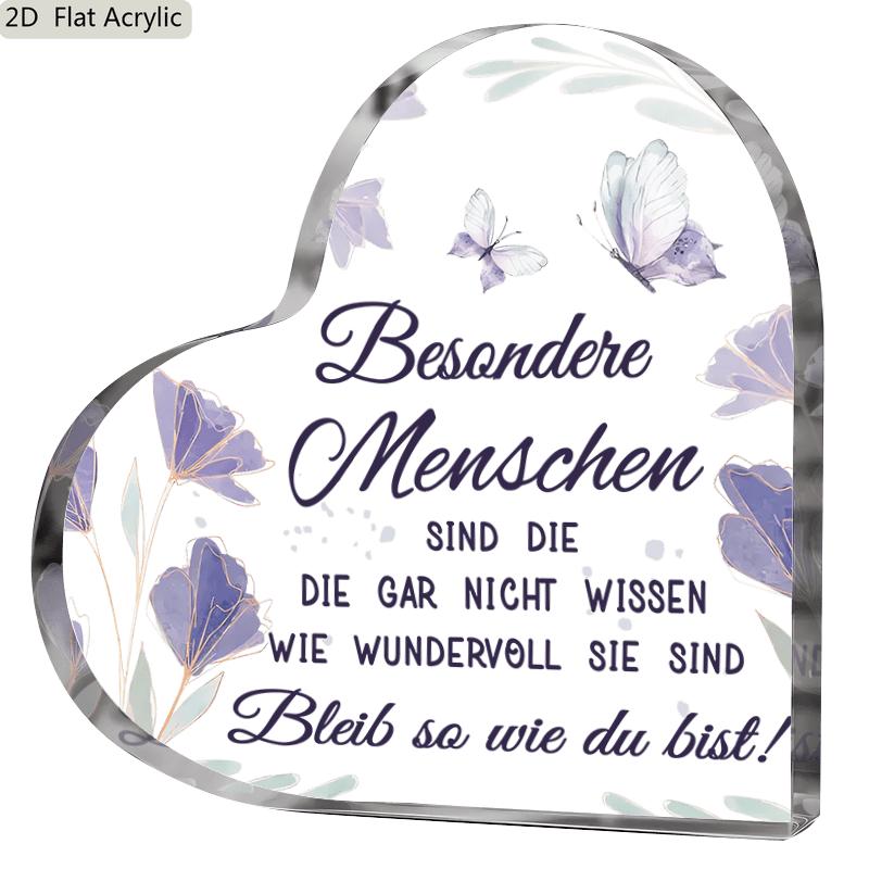 Heart-Shaped Acrylic Decor with Purple Flower & Butterfly Design - Inspirational German Quote, Besondere Menschen Sind Die Die Gar Nicht Wissen Wie W 10*10cm
Heart-Shaped Acrylic Decor with Purple Flower & Butterfly Design - Inspirational German Quote, Besondere Menschen Sind Die Die Gar Nicht Wissen Wie W 10*10cm