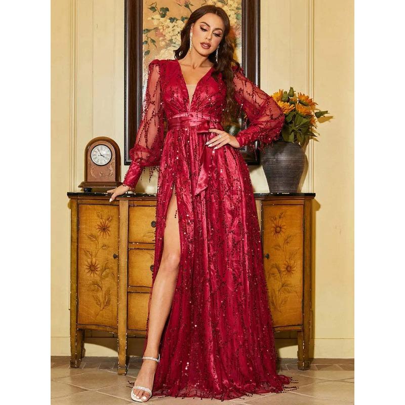 2024 Женское вечернее платье оверсайз из черной сетки с пайетками и большой витриной, банкетное вечернее платье с длинными рукавами и кисточками, длинное платье и платье.