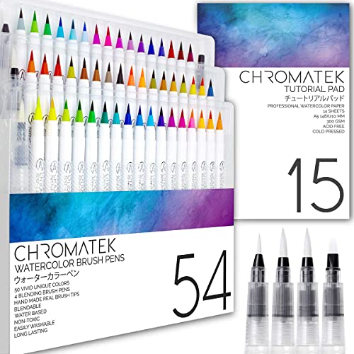 Chromatek 54 Watercolor Pens and 15-Page Pad. Authentic brush pens. 4 blending brushes. Easy to blend. Vibrant. Smooth. 50 unique colors. Professional
Chromatek 54 Watercolor Pens and 15-Page Pad. Authentic brush pens. 4 blending brushes. Easy to blend. Vibrant. Smooth. 50 unique colors. Professional