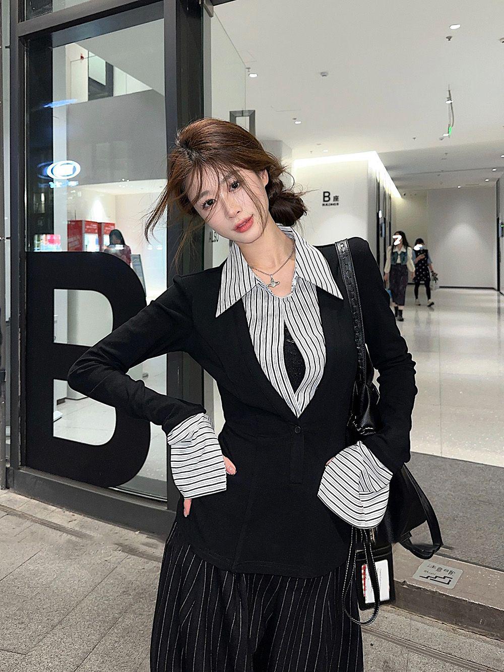 Женская полосатая лоскутная футболка с длинным рукавом, облегающего кроя, с дизайном в стиле колор-блок XL чёрный