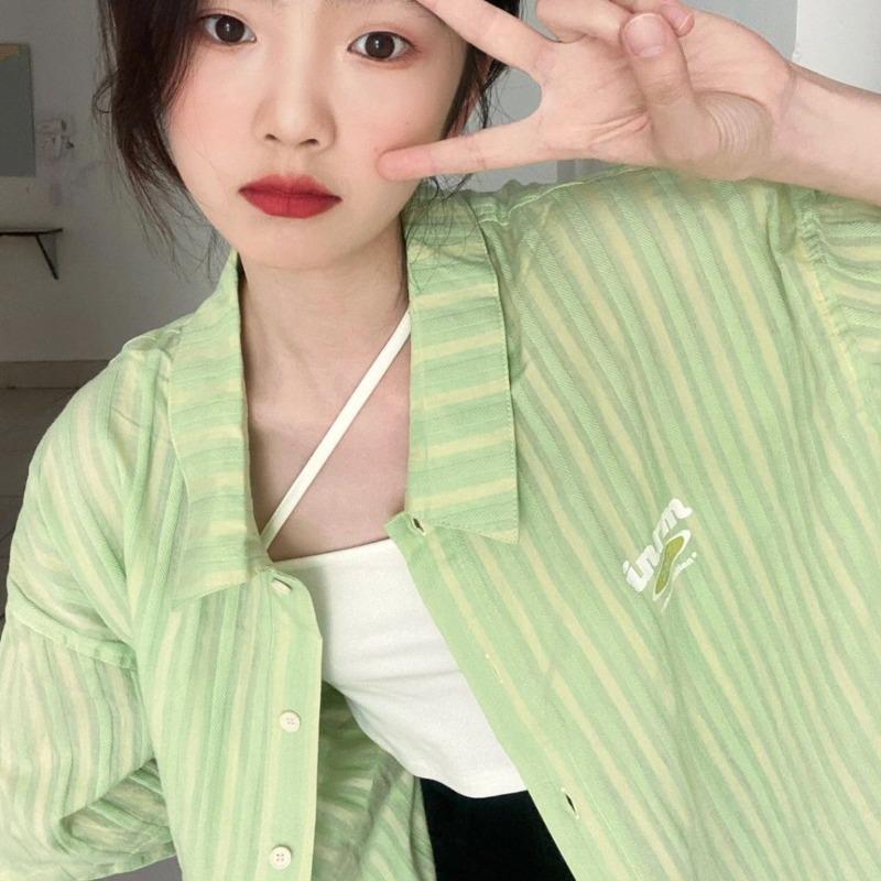 Green Striped Short Sleeved Shirts Women s College Style Sun Protection Jacket Loose Casual Versatile Ladies Bloues S
Green Striped Short Sleeved Shirts Women s College Style Sun Protection Jacket Loose Casual Versatile Ladies Bloues S