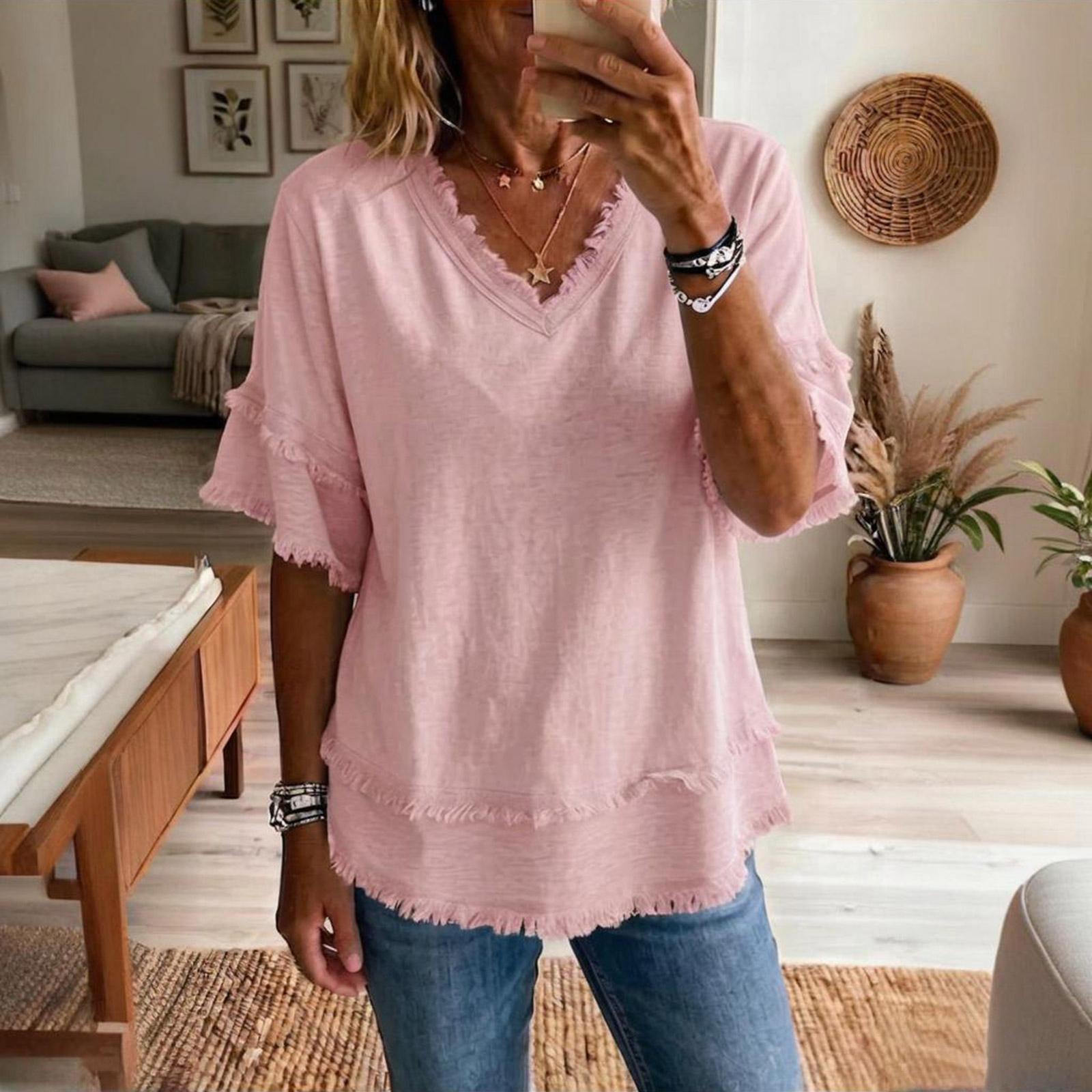 Women V Neck Pullover Short Sleeve Loose Fit Blouse Casual Spring Summer Lightweight Relaxed Top with Hem XL рожевий
Women V Neck Pullover Short Sleeve Loose Fit Blouse Casual Spring Summer Lightweight Relaxed Top with Hem XL рожевий