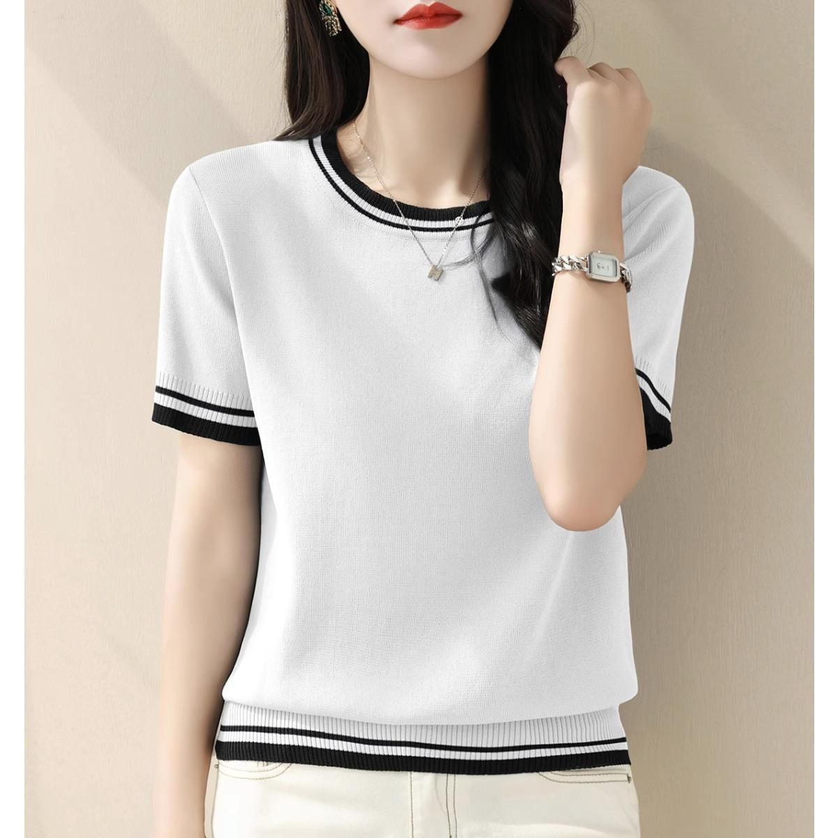 Women Korean Fashion Contrast Color Elegant Knitted T-shirt Summer Female Casual O Neck Short Sleeve Slim Pullover Tops 3XL
Women Korean Fashion Contrast Color Elegant Knitted T-shirt Summer Female Casual O Neck Short Sleeve Slim Pullover Tops 3XL