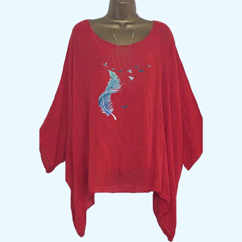 Плюс Размер Женская Тонкая Хлопковая Льняная Рубашка Весна и Лето Повседневная Свободная Рубашка С Длинным Рукавом Женская Модная Цветочная Печать Длинная Рубашка 5XL красный