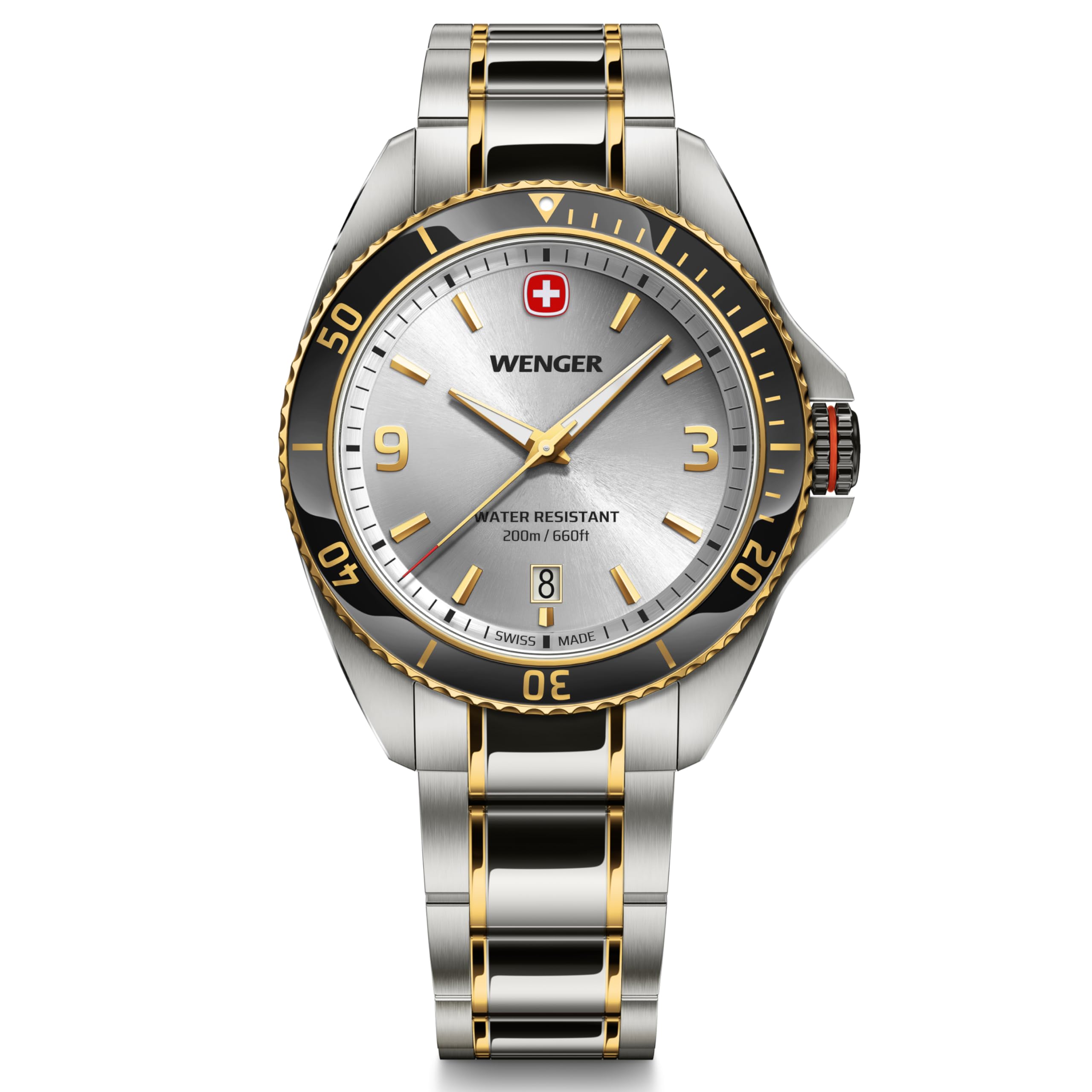 WENGER EXECUTIVE Watch Stainless Steel Case Gold Stainless Steel Bezel Silver Dial Silver Gold Combination Stainless Steel Bracelet Quartz 200m Water
WENGER EXECUTIVE Watch Stainless Steel Case Gold Stainless Steel Bezel Silver Dial Silver Gold Combination Stainless Steel Bracelet Quartz 200m Water