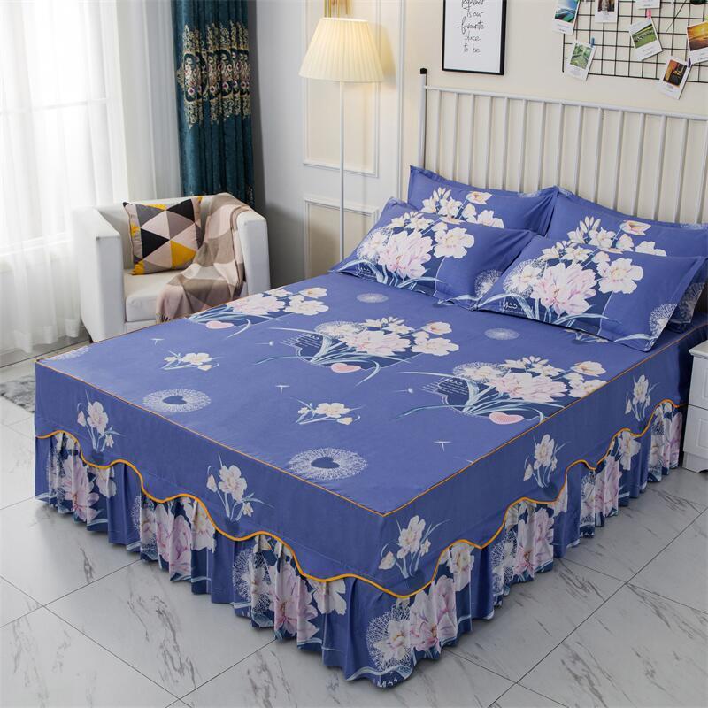 Комплект постельного белья с цветочным принтом и оборками, комплект наволочек/комплект юбки, юбка-кровать * 1, наволочки * 2 (Размер: Твин/полный/королевский/король) 200*220